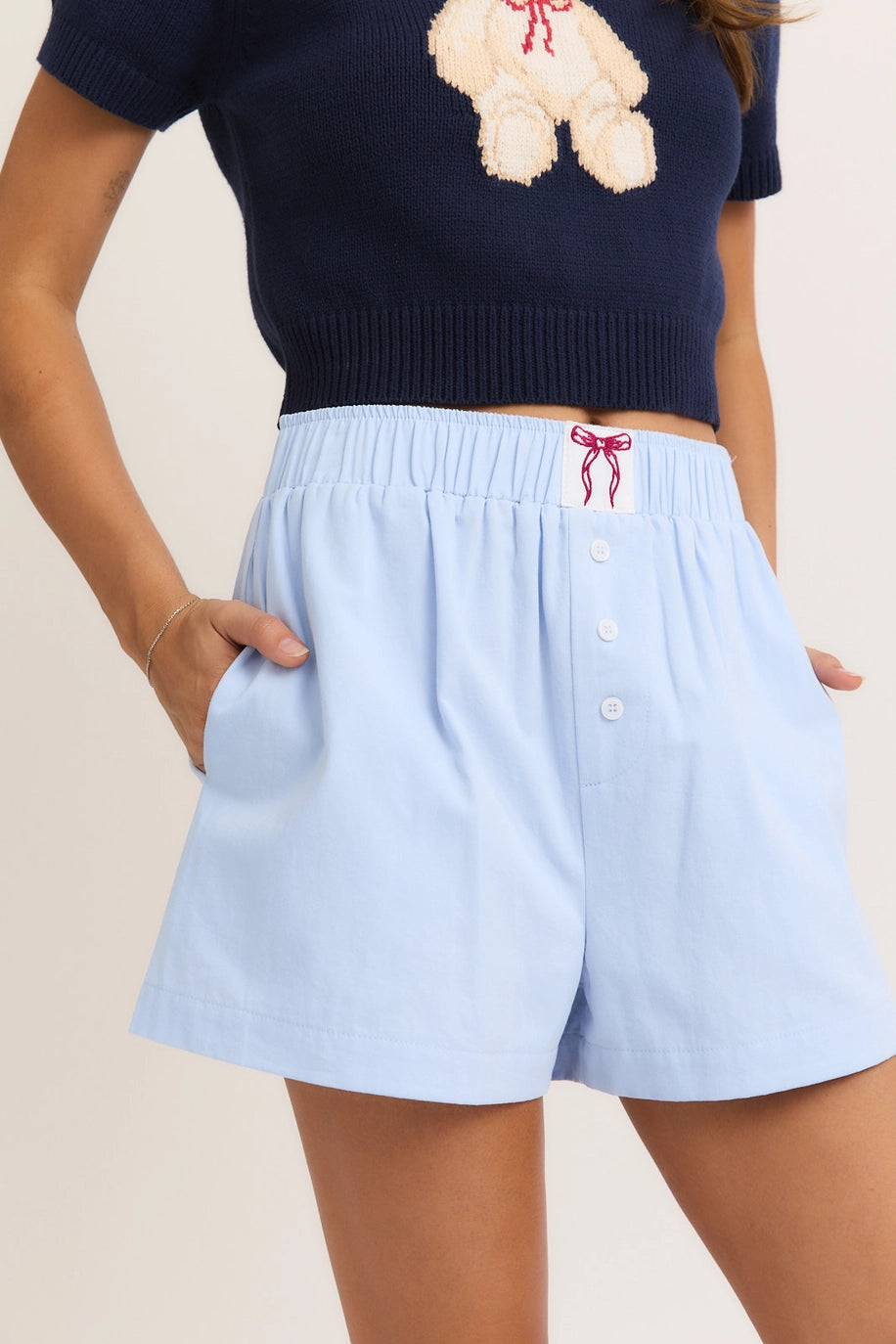 baby blue high waist lounge shorts elastic waistband relaxed fit red bow casual wear loungewear cozy outfit everyday fashion cute style