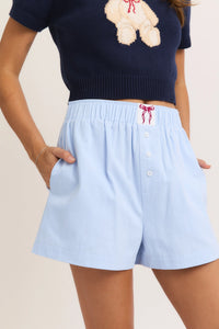 baby blue high waist lounge shorts elastic waistband relaxed fit red bow casual wear loungewear cozy outfit everyday fashion cute style