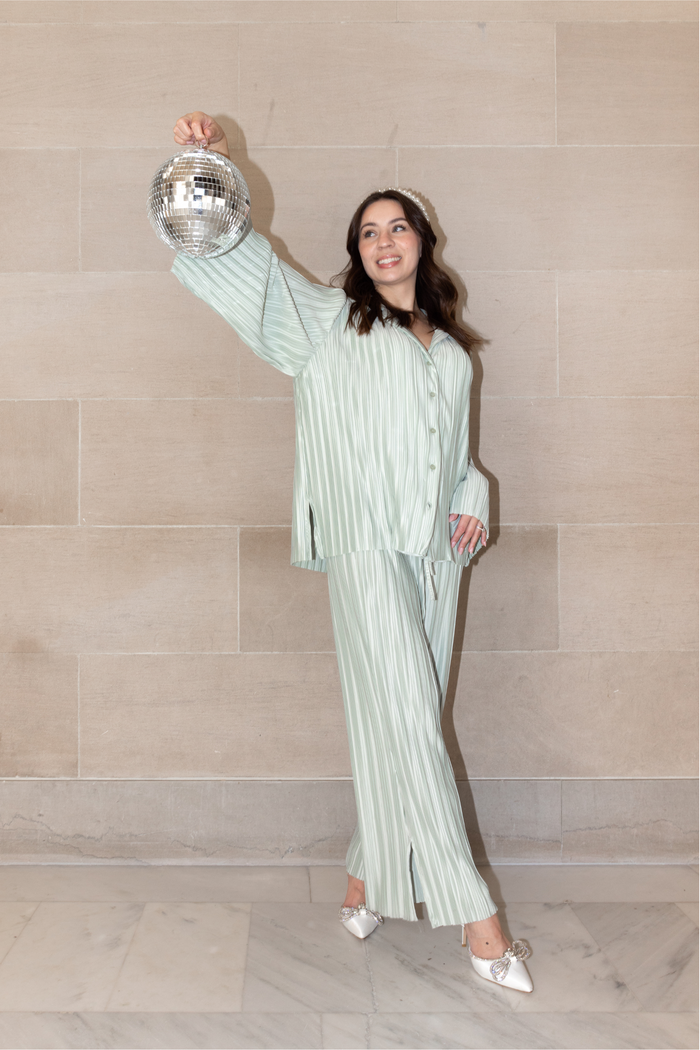 mint plisse pants elastic waist drawstring split leg detail soft satin look stylish womens fashion perfect for matching pantsuit sets trendy clothing