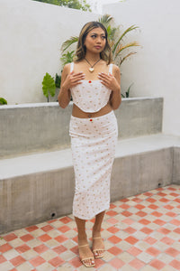 white matching corset and midi skirt set white ditsy red floral print square neckline boning bodycon women's fashion romantic outfit summer style trendy feminine breathable stretchy comfortable