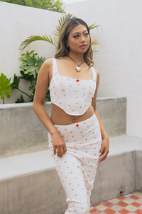 white matching corset and midi skirt set white ditsy red floral print square neckline boning bodycon women's fashion romantic outfit summer style trendy feminine breathable stretchy comfortable