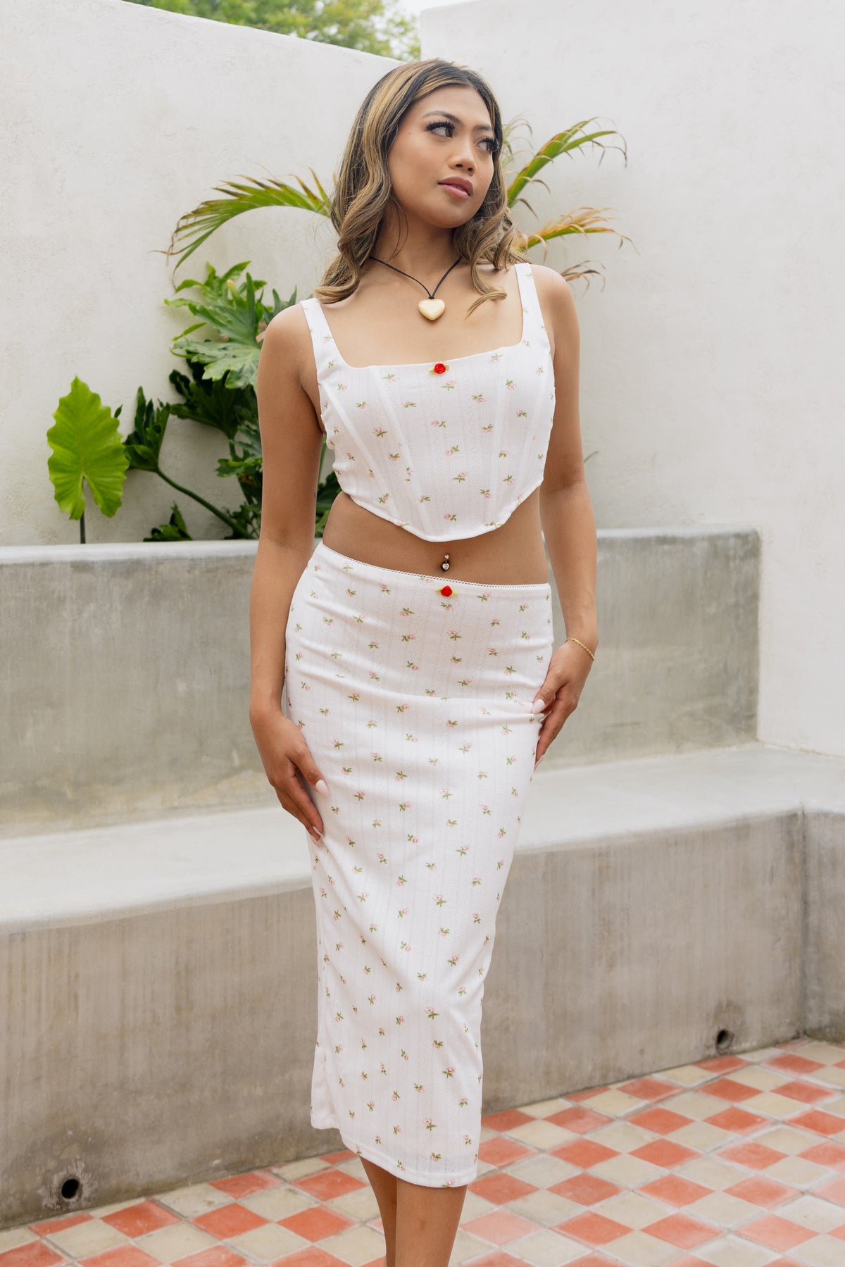 white matching corset and midi skirt set white ditsy red floral print square neckline boning bodycon women's fashion romantic outfit summer style trendy feminine breathable stretchy comfortable