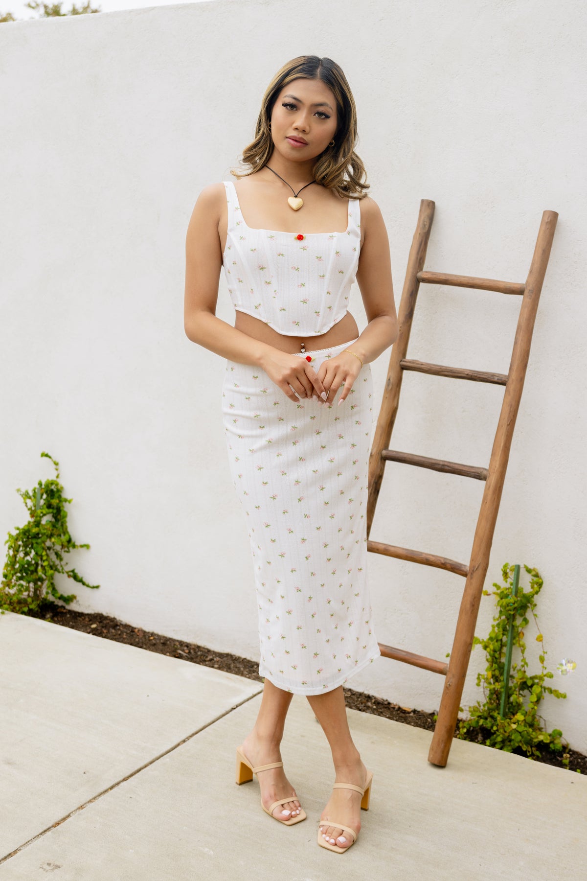 white matching corset and midi skirt set white ditsy red floral print square neckline boning bodycon women's fashion romantic outfit summer style trendy feminine breathable stretchy comfortable