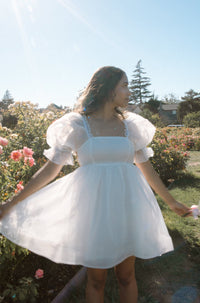 white puff babydoll dress square neck elastic shoulder puff mini dress statement sleeves shoulder pads adjustable back cross tie back waist elastic organza lined tulle women's fashion chic party wear trendy dress evening outfit