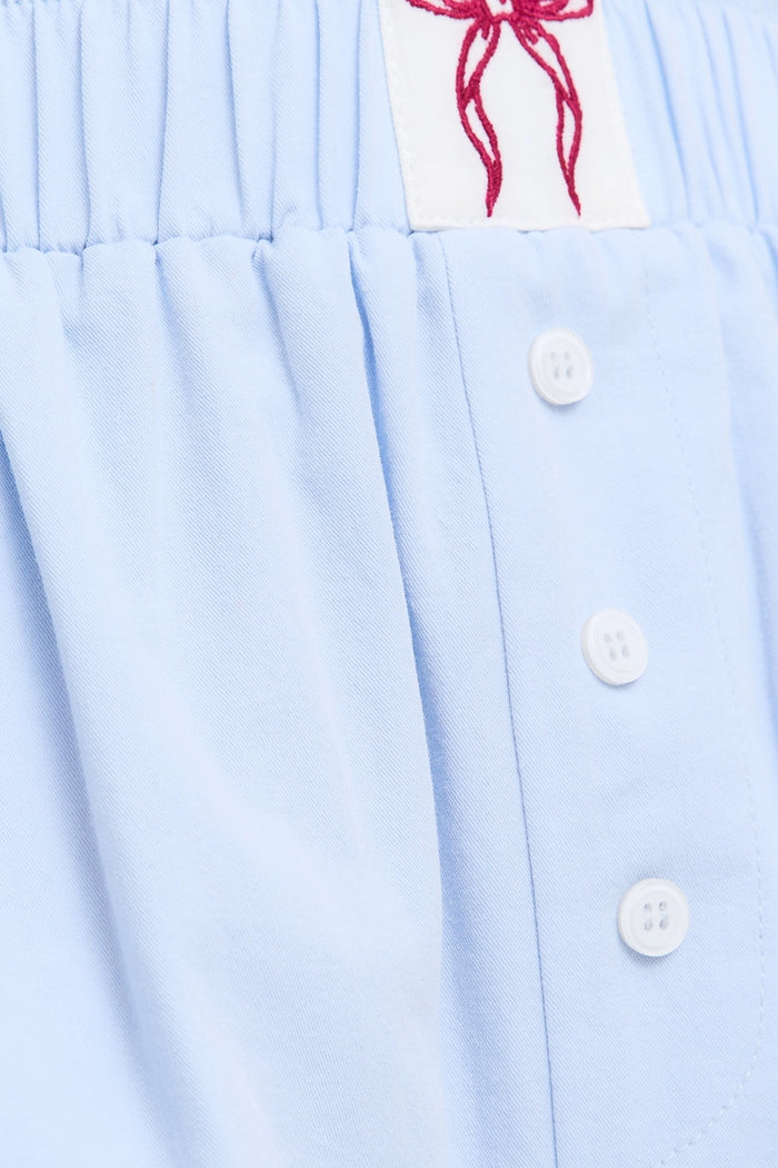 baby blue high waist lounge shorts elastic waistband relaxed fit red bow casual wear loungewear cozy outfit everyday fashion cute style