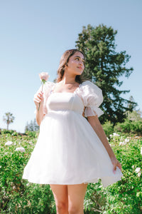 white puff babydoll dress square neck elastic shoulder puff mini dress statement sleeves shoulder pads adjustable back cross tie back waist elastic organza lined tulle women's fashion chic party wear trendy dress evening outfit