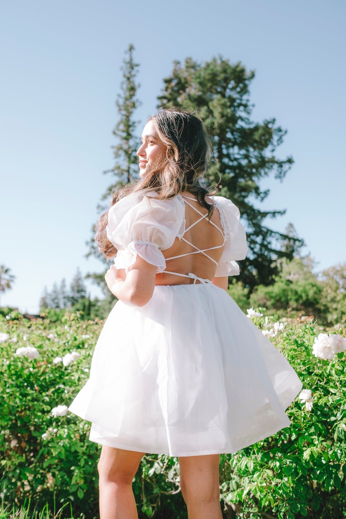 white puff babydoll dress square neck elastic shoulder puff mini dress statement sleeves shoulder pads adjustable back cross tie back waist elastic organza lined tulle women's fashion chic party wear trendy dress evening outfit