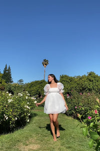 white puff babydoll dress square neck elastic shoulder puff mini dress statement sleeves shoulder pads adjustable back cross tie back waist elastic organza lined tulle women's fashion chic party wear trendy dress evening outfit