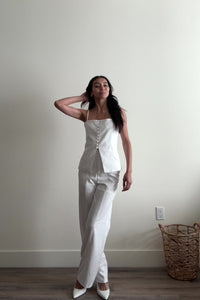 white high waist linen cotton trousers button front zipper closure with three buttons relaxed straight leg cut fit