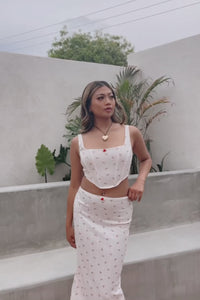 white matching corset and midi skirt set white ditsy red floral print square neckline boning bodycon women's fashion romantic outfit summer style trendy feminine breathable stretchy comfortable