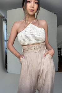 knit crochet halter top women's summer fashion open back beachwear tropical vacation outfit boho chic casual style lightweight breathable fabric trendy summer vacation wear
