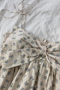 baby doll fit mini dress blue floral flower print big bow front flowy faux button bow tie adjustable straps