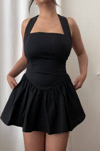 black halter corset fitted mini sexy dress flutter low waist flare out skirt pockets straight neckline sleeveless backless