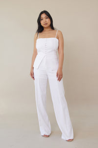 white high waist linen cotton trousers button front zipper closure with three buttons relaxed straight leg cut fit