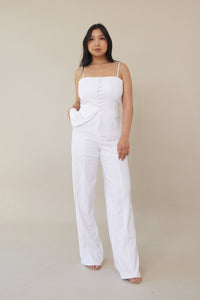 white high waist linen cotton trousers button front zipper closure with three buttons relaxed straight leg cut fit