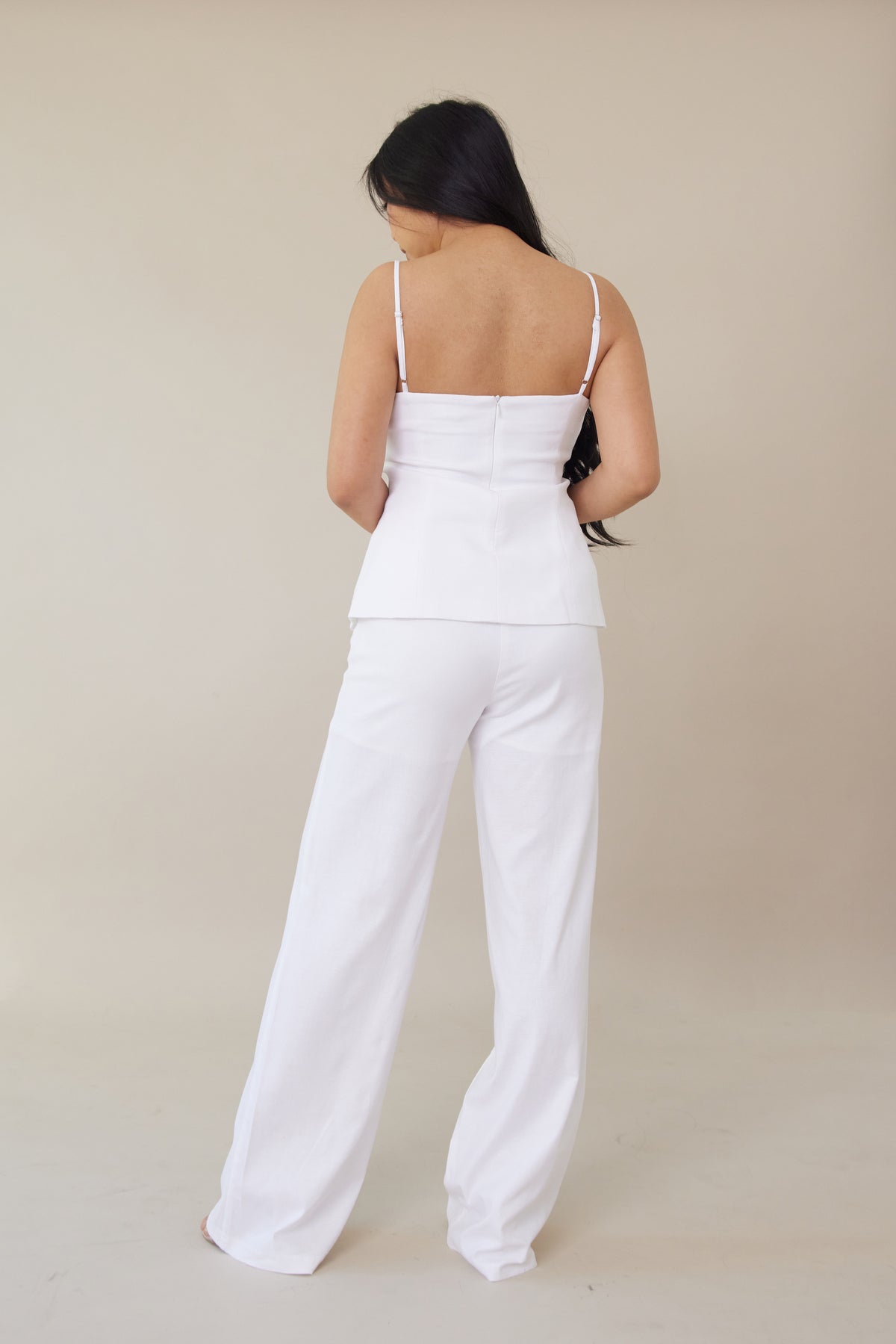 white high waist linen cotton trousers button front zipper closure with three buttons relaxed straight leg cut fit