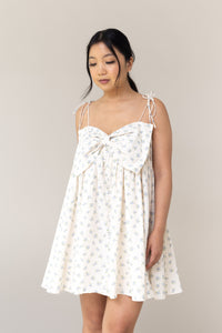 baby doll fit mini dress blue floral flower print big bow front flowy faux button bow tie adjustable straps