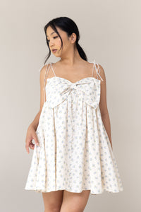 baby doll fit mini dress blue floral flower print big bow front flowy faux button bow tie adjustable straps