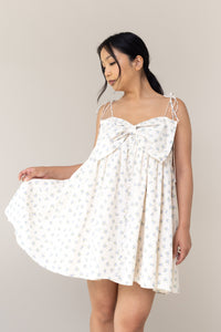 baby doll fit mini dress blue floral flower print big bow front flowy faux button bow tie adjustable straps