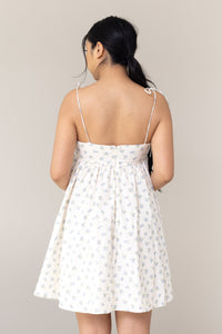 baby doll fit mini dress blue floral flower print big bow front flowy faux button bow tie adjustable straps