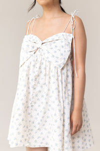 baby doll fit mini dress blue floral flower print big bow front flowy faux button bow tie adjustable straps