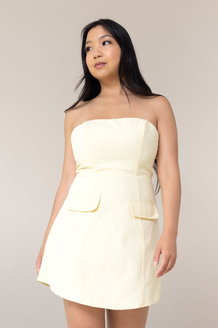 pastel yellow tube strapless mini fitted linen dress faux pockets corset style