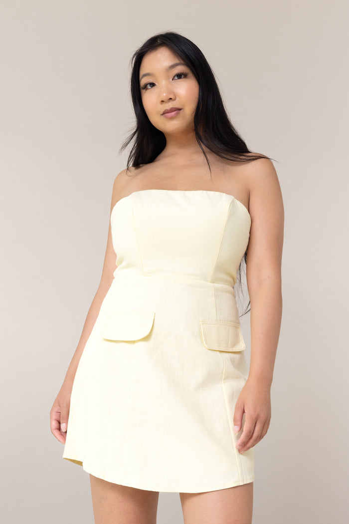 pastel yellow tube strapless mini fitted linen dress faux pockets corset style