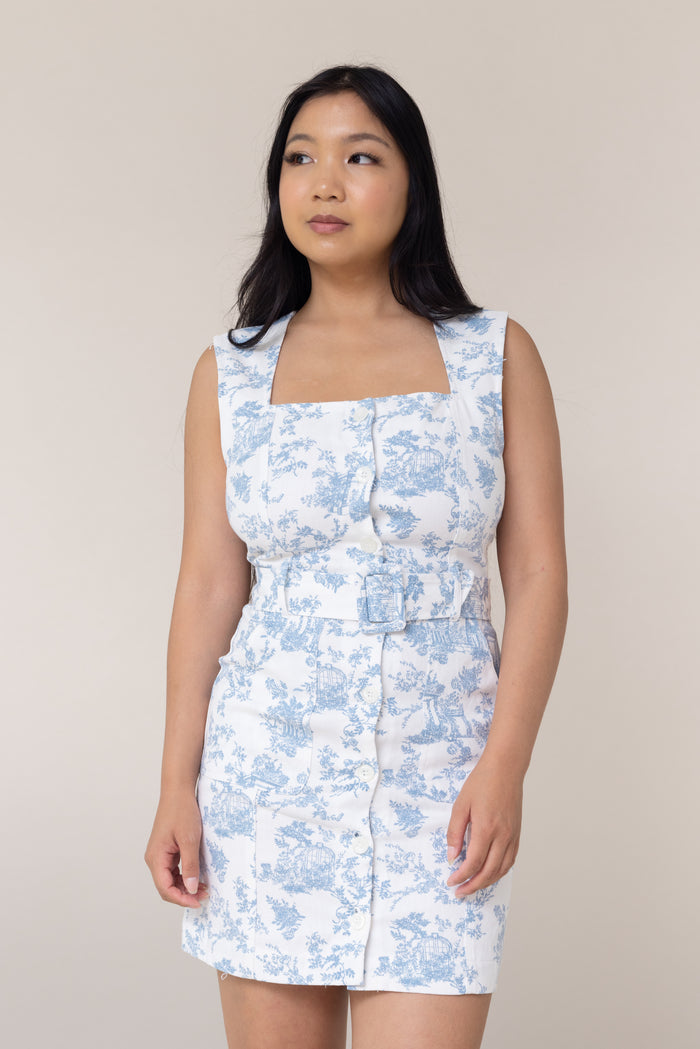 white blue floral flower pencil mini dress belted waist button down closure side pockets square neckline sleeveless