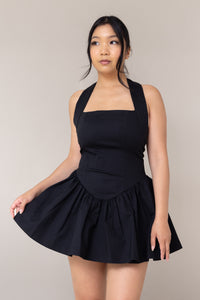 black halter corset fitted mini sexy dress flutter low waist flare out skirt pockets straight neckline sleeveless backless