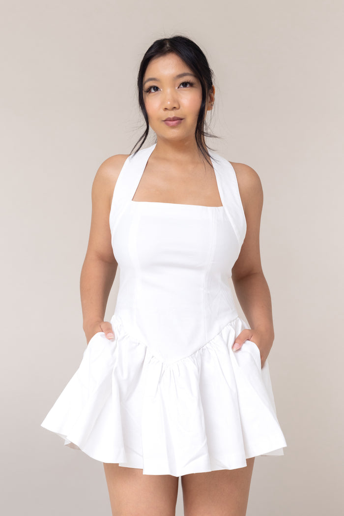 white halter corset fitted mini sexy dress flutter low waist flare out skirt pockets straight neckline sleeveless backless