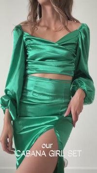 kelly green satin matching set cropped blouse balloon sleeves and wrap tie ruched midi skirt with side slit