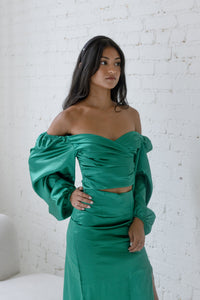 kelly green satin matching set cropped blouse balloon sleeves and wrap tie ruched midi skirt with side slit