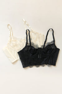 white and black sheer lace bralette with corset boning bustier underwire cropped fit lingerie