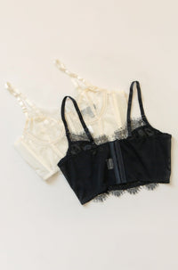 white and black sheer lace bralette with corset boning bustier underwire cropped fit lingerie