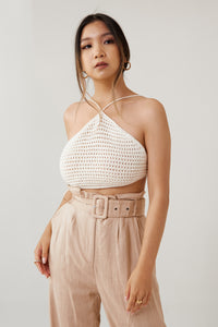 knit crochet halter top women's summer fashion open back beachwear tropical vacation outfit boho chic casual style lightweight breathable fabric trendy summer vacation wear