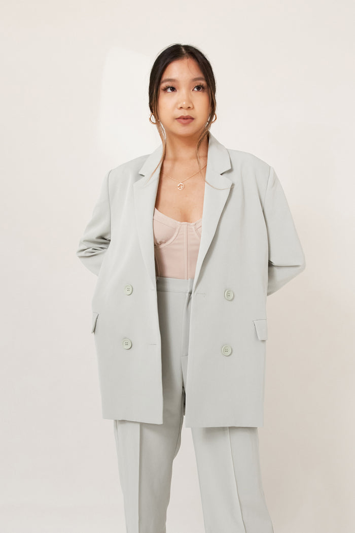 sage blazer oversized boyfriend fit office wear business casual women's fashion pantsuit jacket professional outfitwardrobe essential tailored fit