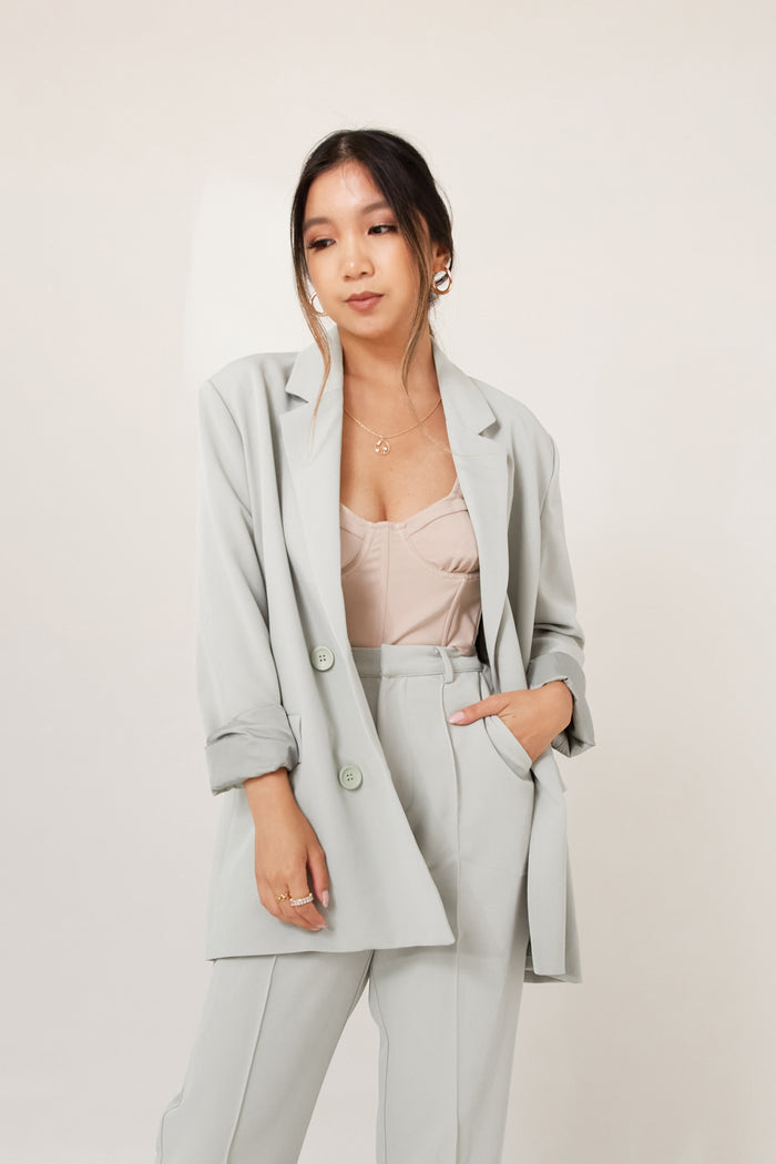 sage blazer oversized boyfriend fit office wear business casual women's fashion pantsuit jacket professional outfitwardrobe essential tailored fit