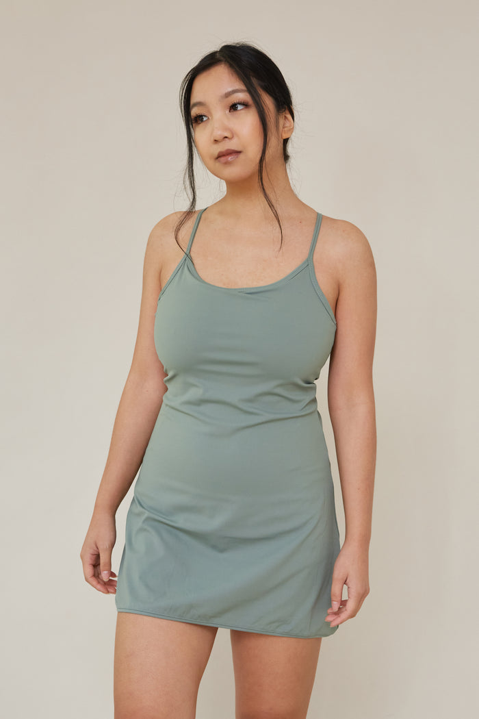 olive exercise dress with built-in short liners and side pockets stretchable fit activewear loungewear