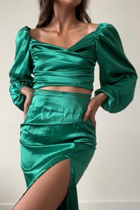 kelly green satin matching set cropped blouse balloon sleeves and wrap tie ruched midi skirt with side slit