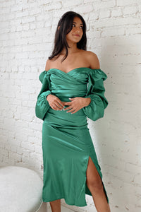 kelly green satin matching set cropped blouse balloon sleeves and wrap tie ruched midi skirt with side slit