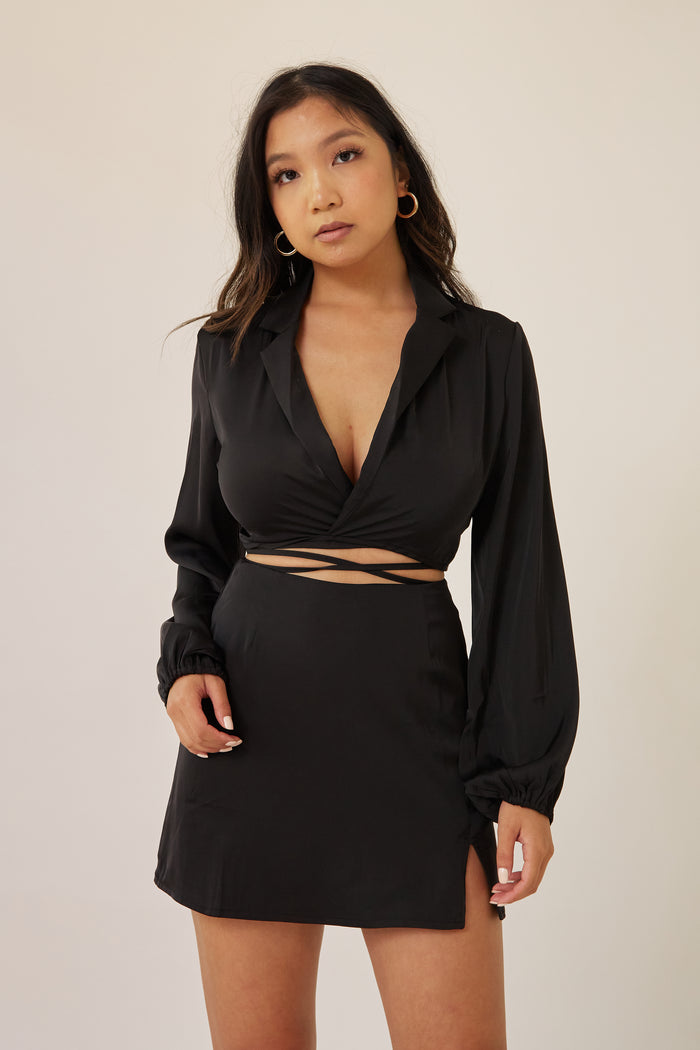 two piece set black blouse skirt duo women's fashion cropped wrap blouse long puff sleeves mini skirt side slit silky material