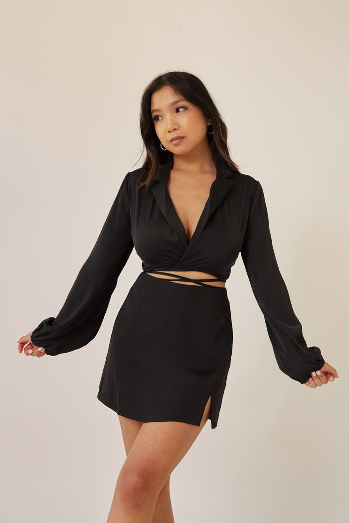two piece set black blouse skirt duo women's fashion cropped wrap blouse long puff sleeves mini skirt side slit silky material