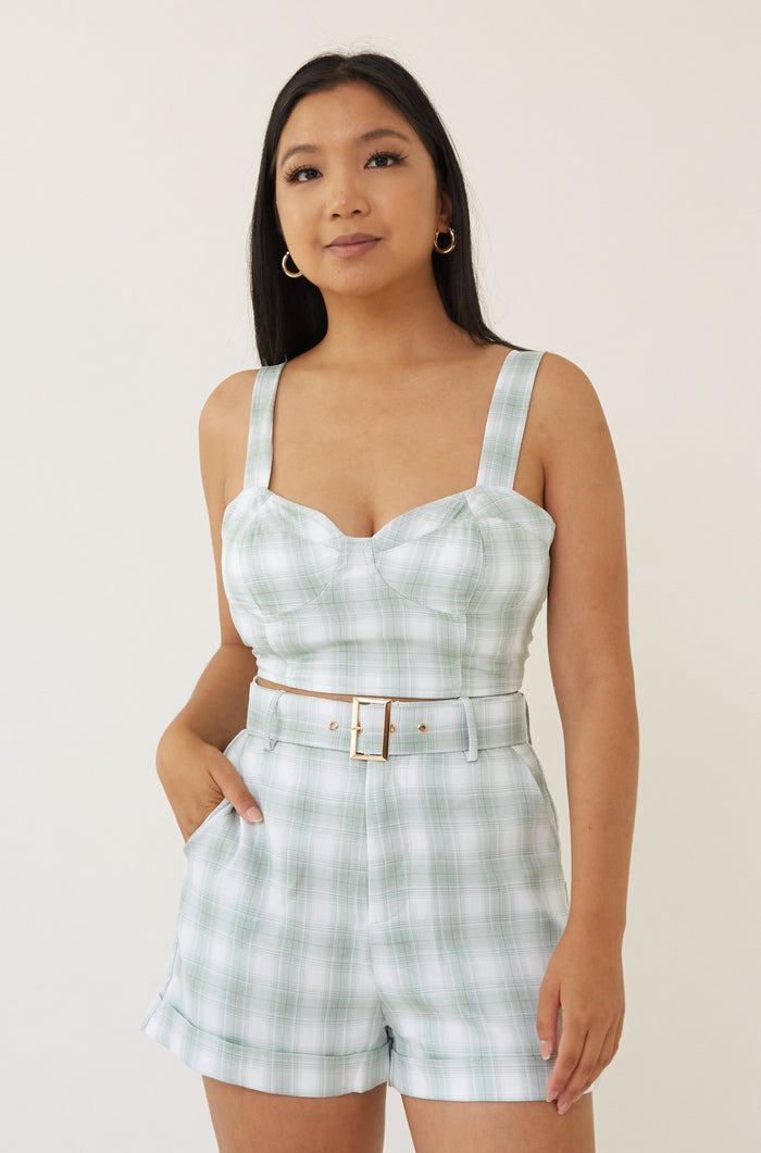 blue plaid high waist shorts with belt fitted crop top bustier corset style sleeveless zip up closure plaid blazer jacket with lapel collar three piece matching outfit