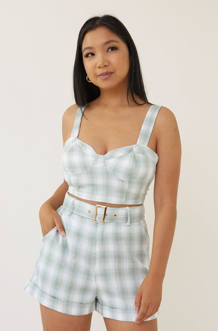 blue plaid high waist shorts with belt fitted crop top bustier corset style sleeveless zip up closure plaid blazer jacket with lapel collar three piece matching outfit