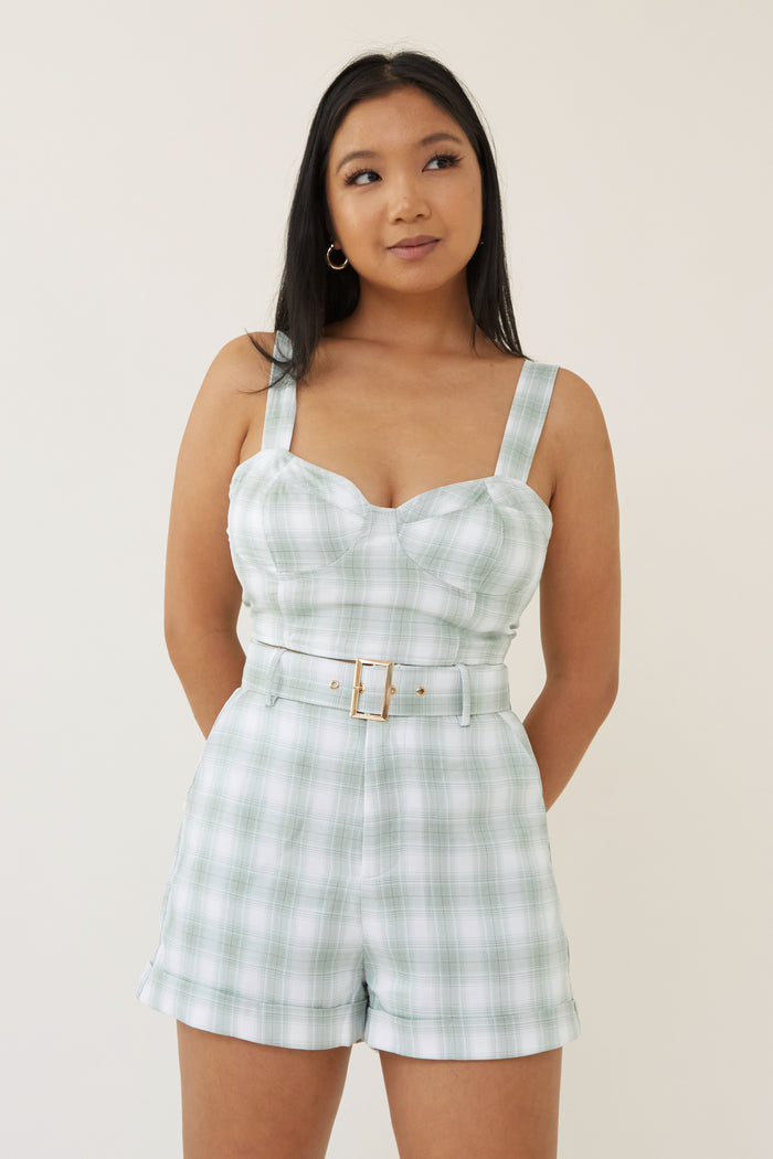 blue plaid high waist shorts with belt fitted crop top bustier corset style sleeveless zip up closure plaid blazer jacket with lapel collar three piece matching outfit