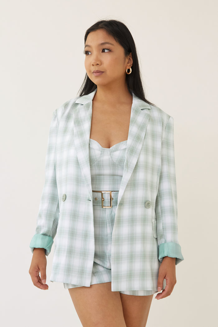 blue plaid high waist shorts with belt fitted crop top bustier corset style sleeveless zip up closure plaid blazer jacket with lapel collar three piece matching outfit