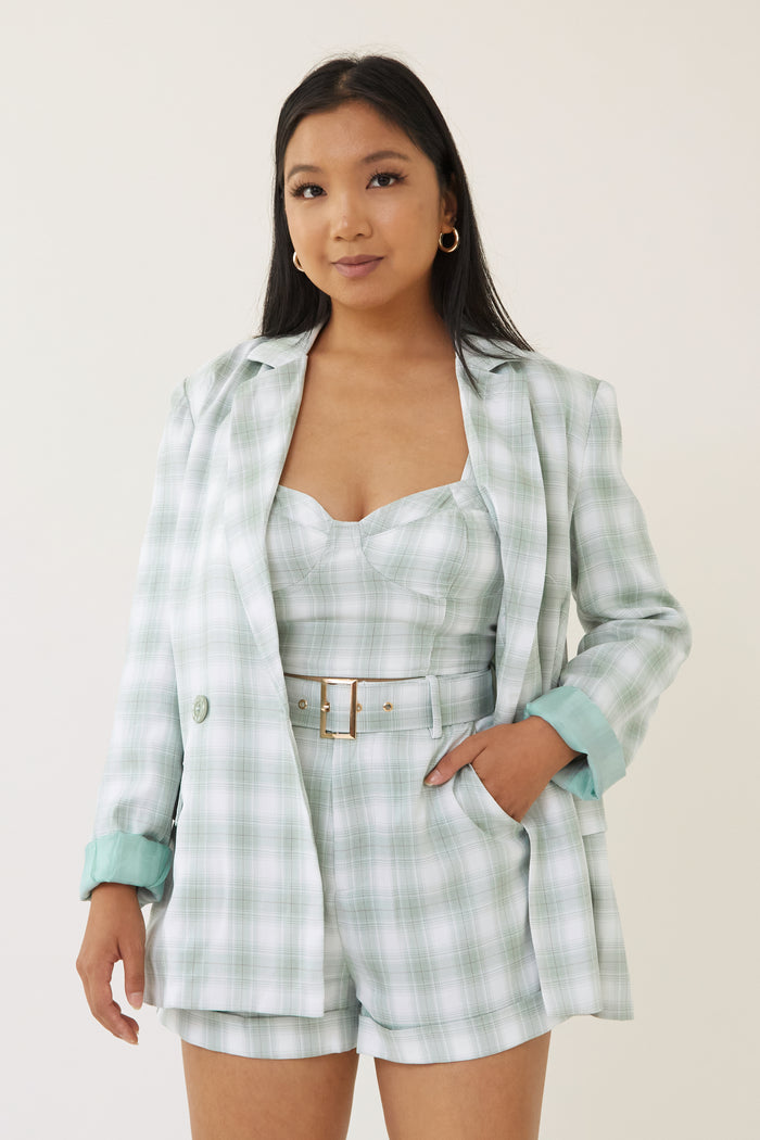 blue plaid high waist shorts with belt fitted crop top bustier corset style sleeveless zip up closure plaid blazer jacket with lapel collar three piece matching outfit