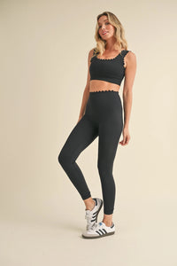 black two piece outfit lounge workout set scallop stretchy fitted leggings crop top sports bra high waist scoop neck coordinated matching outfit activewear