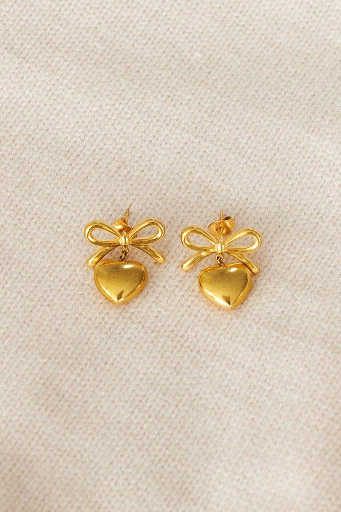 gold bow stud earrings dangling full gold heart fashion accessory jewelry stainless steel hypoallergenic water resistant tarnish free