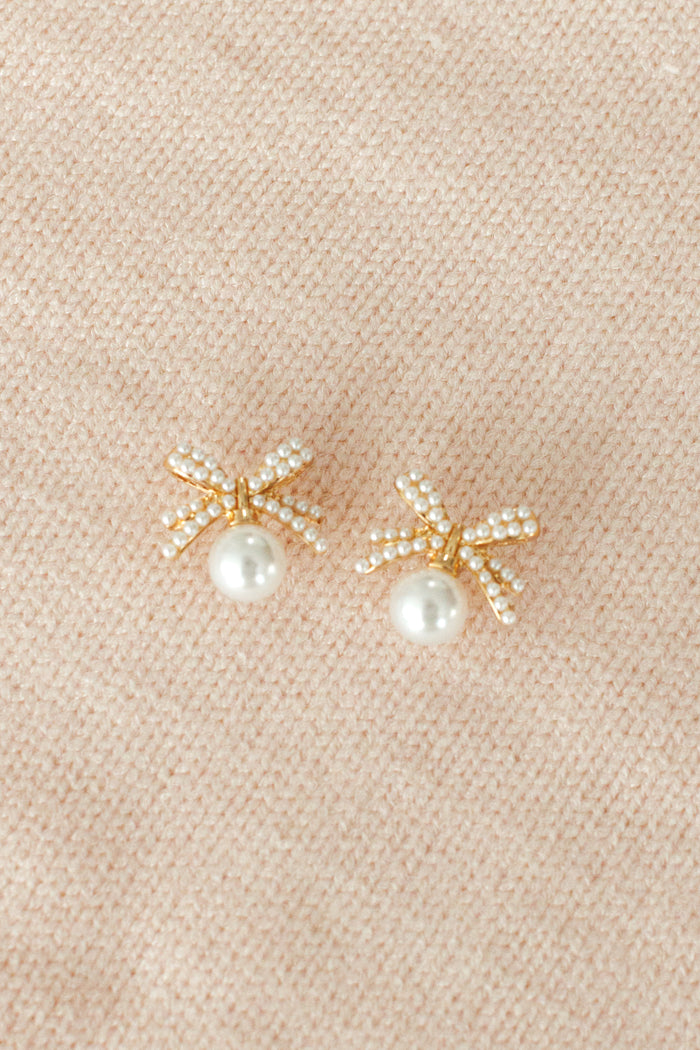 gold bow pearl earrings dangling fashion accessory jewelry stainless steel hypoallergenic water resistant tarnish free